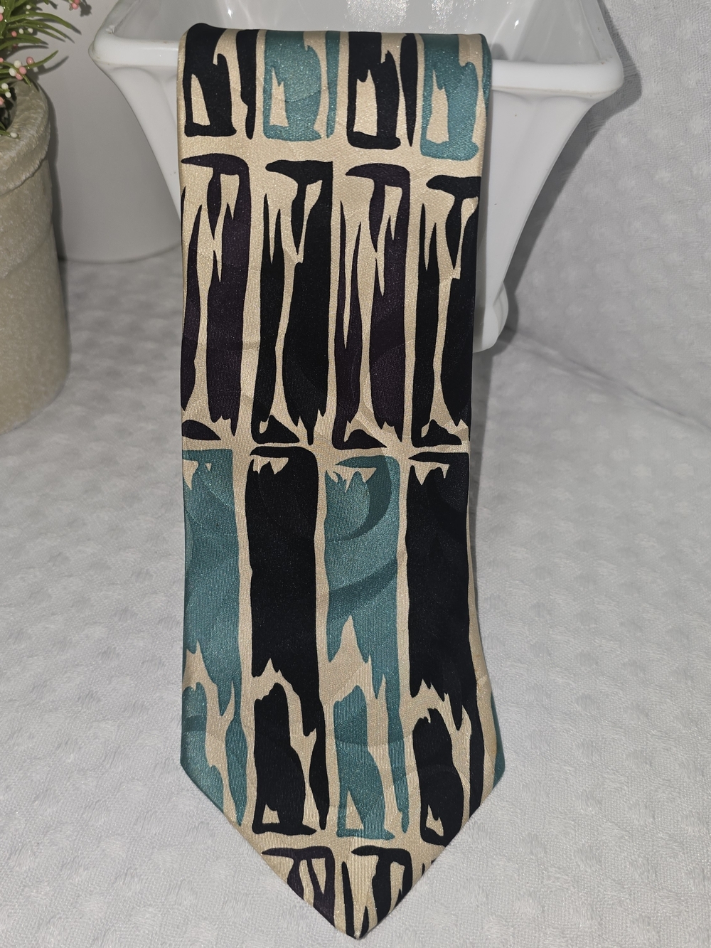 ABSTRACT TEAL BLACK CREAM MARTIN WONG SCREENPLAY IMPORTED SILK MENS TIE VINTAGE